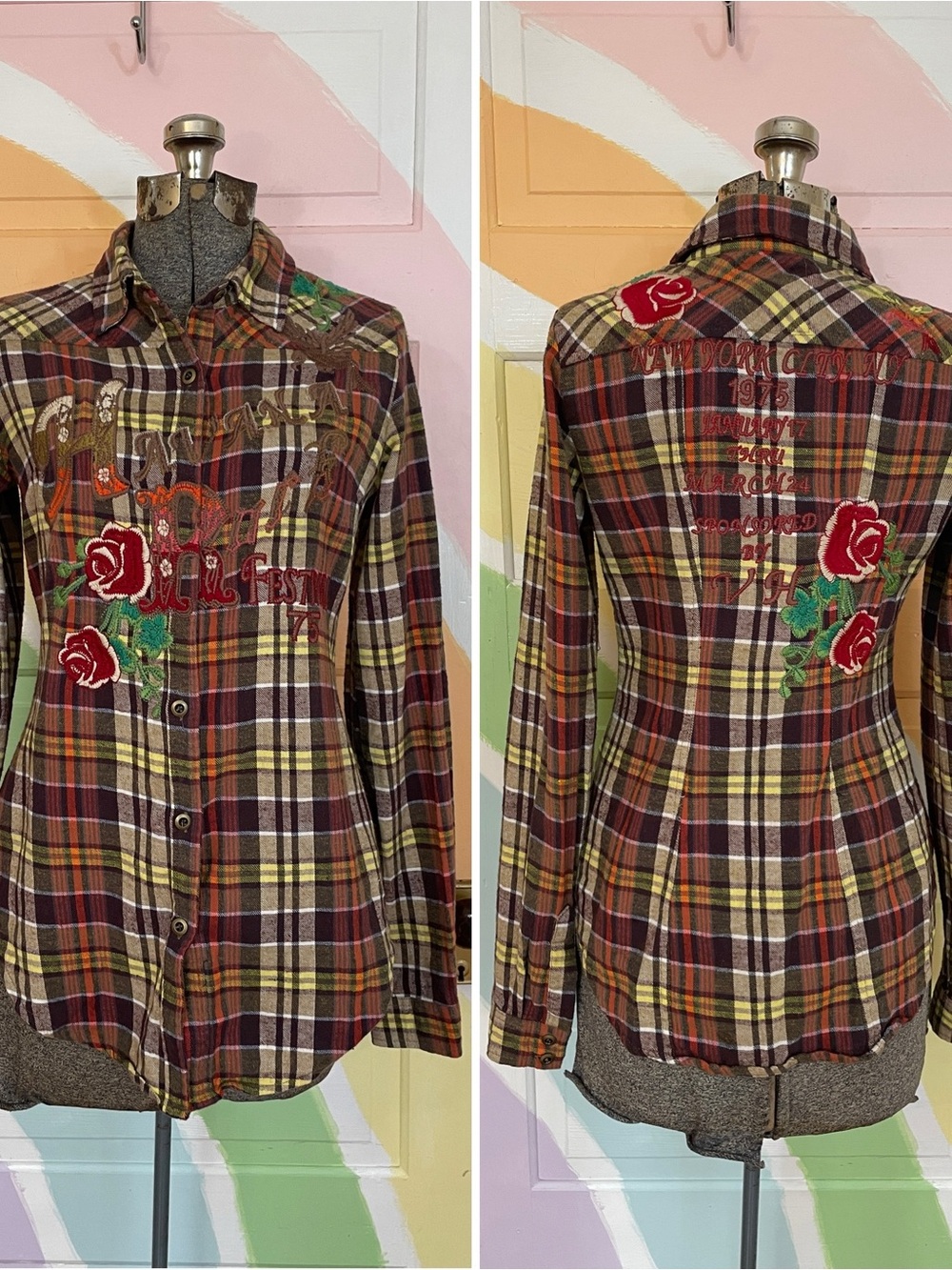 Vintage Havana Classics NY 1975 Rock Festival Embroidered Cotton Flannel Sz M 💚🎀